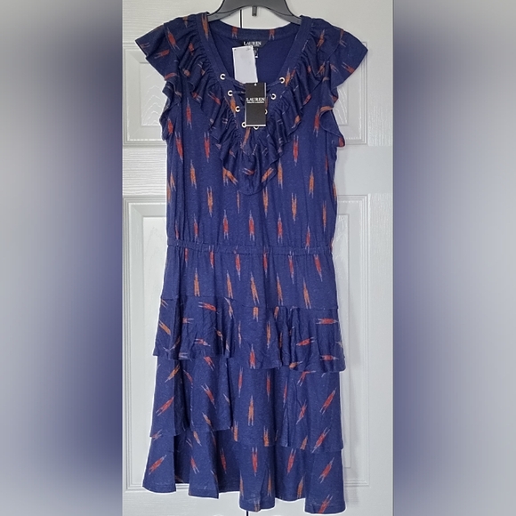 Lauren Ralph Lauren women's Tiered Ruffle Dress Pullover Navy Blue Comfy Size M - Picture 11 of 11